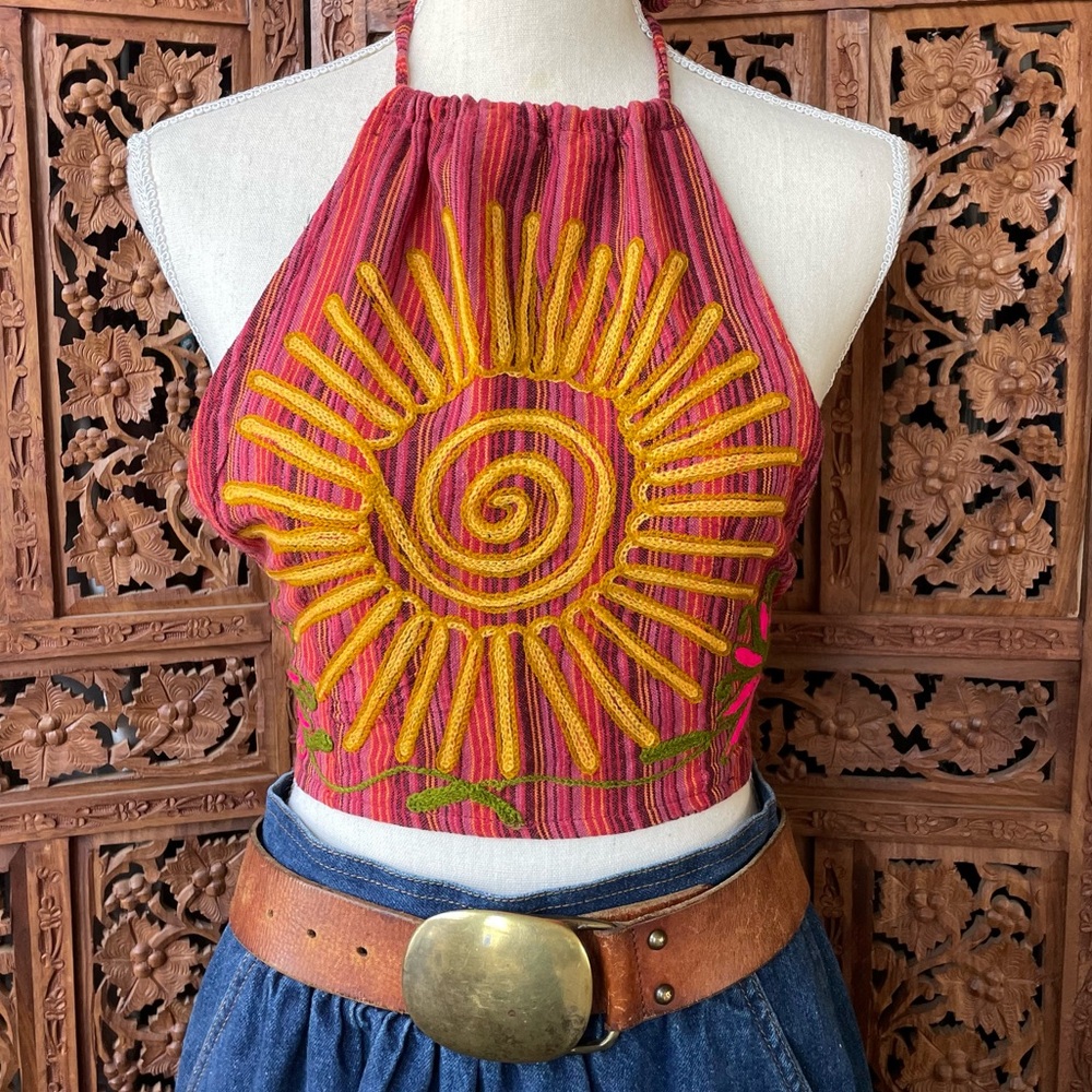 Vintage Coachella Embroidered Striped Red Halter Crop Top Sun & Floral Motif